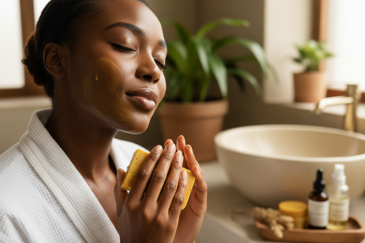 Je veux une image d'une femme noire qui passe un savon au curcuma sur son visage