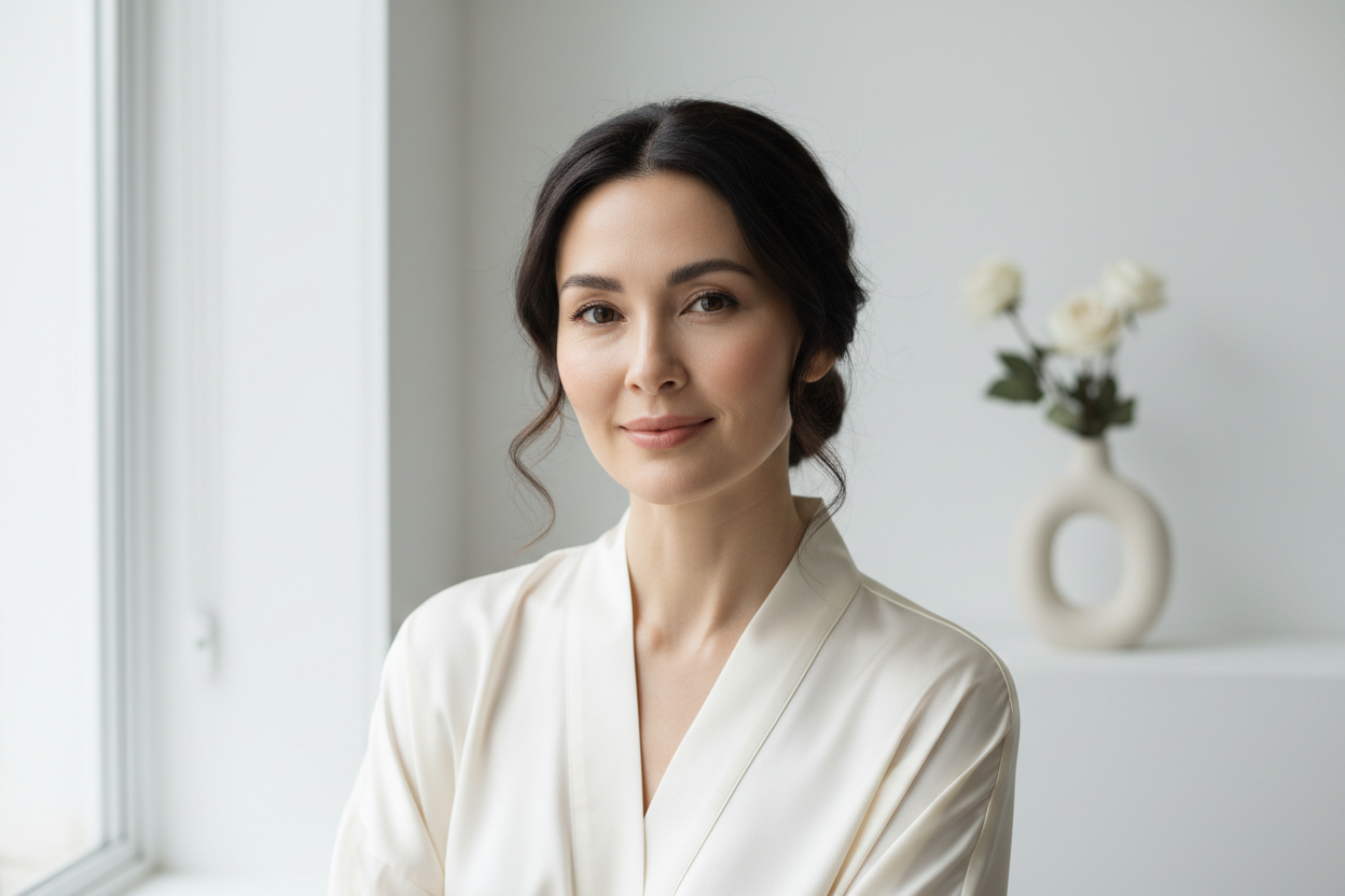 Une femme dans la Trentaine ou quarantaine, ambiance beauté, assez épuré